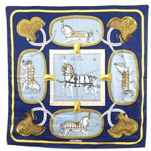Hermes Blue and Gold Equestrian Scarf